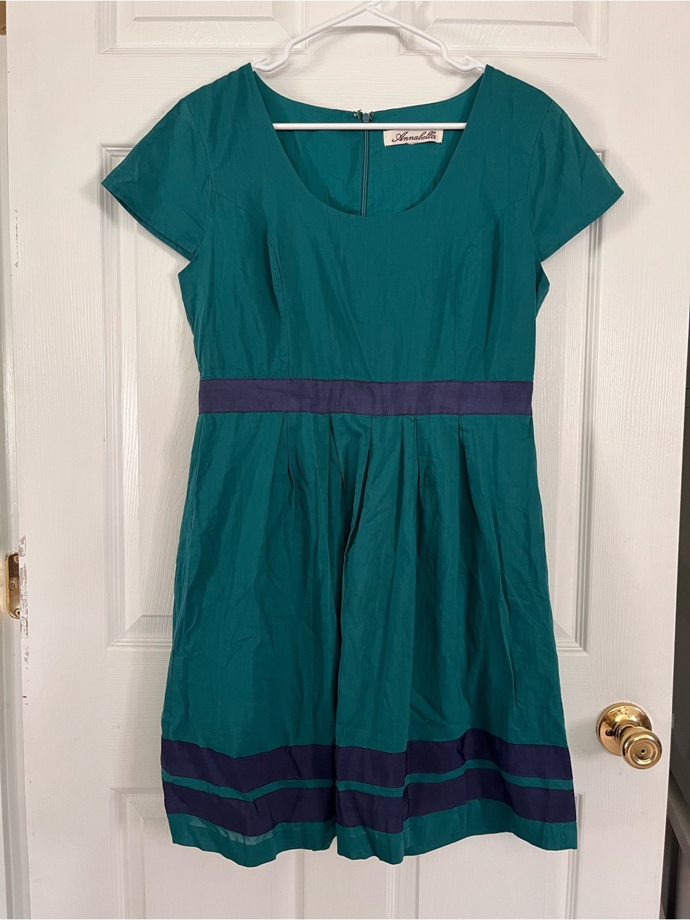 Annabella Teal Dress with Navy Waist and Hem Bands